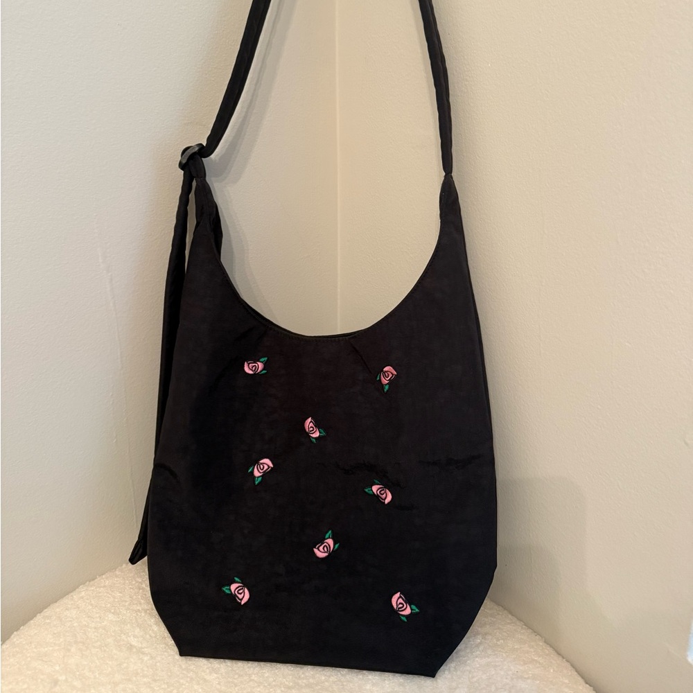 BAGGU Black Shoulder Bag with Pink Floral Embroidery